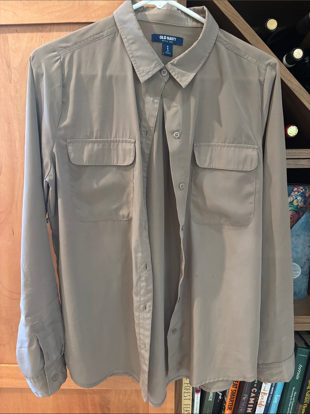Old Navy women’s taupe Beige Long-Sleeve Button-Up blouse.